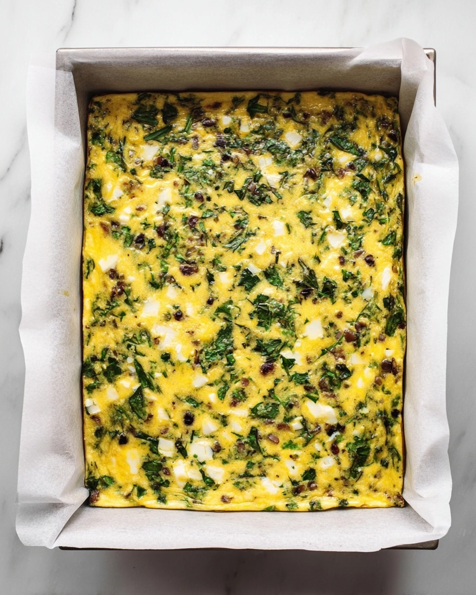 A rectangular baking pan lined with white parchment paper holds a freshly baked egg dish. The dish has one main layer made of yellow cooked eggs mixed with green leafy vegetables and small dark brown bits spread evenly throughout. There are also small patches of white cheese scattered on top, giving a slightly textured look. The edges of the parchment paper are folded up naturally around the dish. The pan is placed on a white marbled surface. photo taken with an iphone --ar 4:5 --v 7