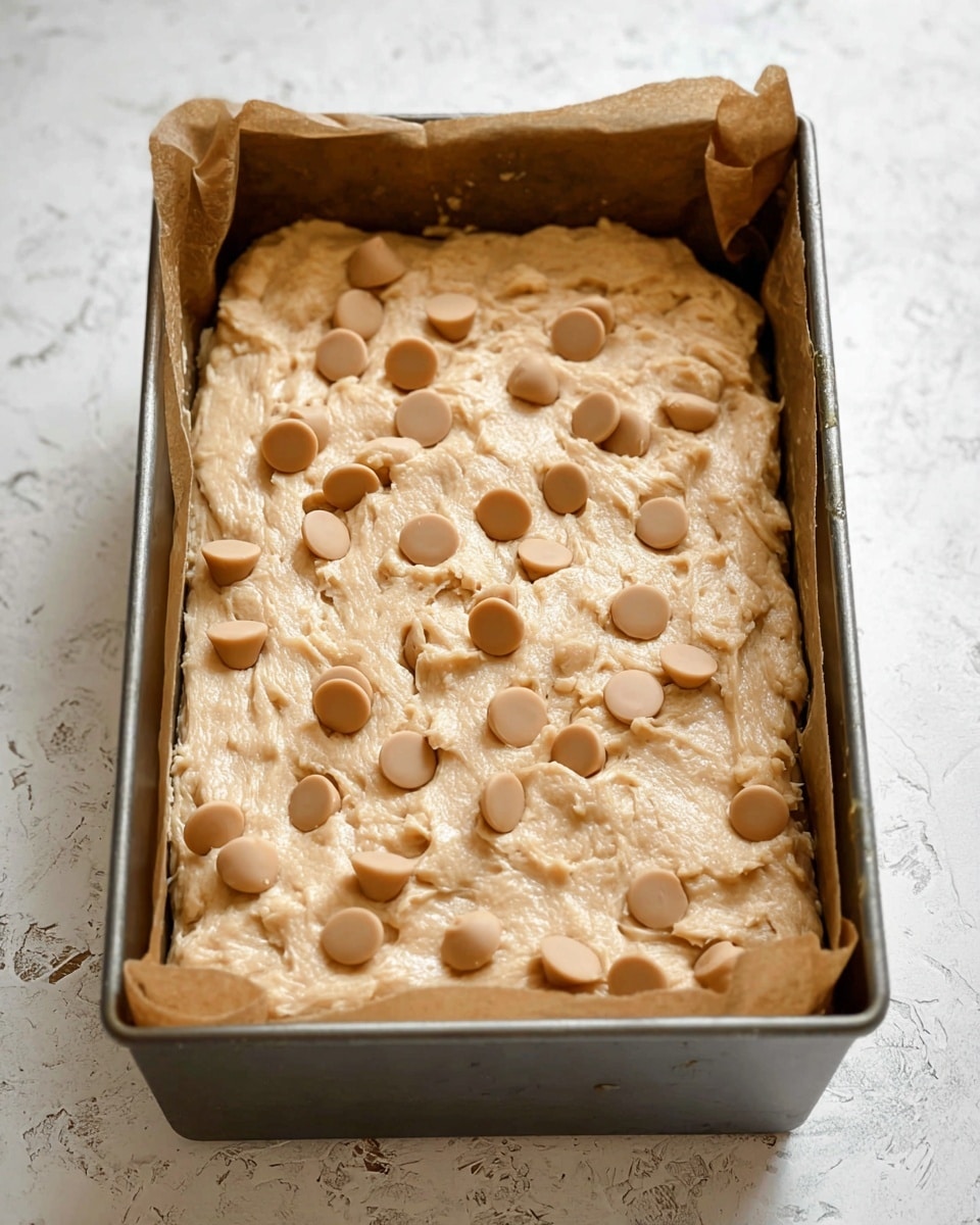 A rectangular metal baking pan lined with brown parchment paper holds one thick layer of pale beige dough with a slightly rough and sticky texture. Scattered evenly across the dough surface are numerous small, round, light brown chips that look soft and smooth. The pan is set on a white marbled surface. photo taken with an iphone --ar 4:5 --v 7