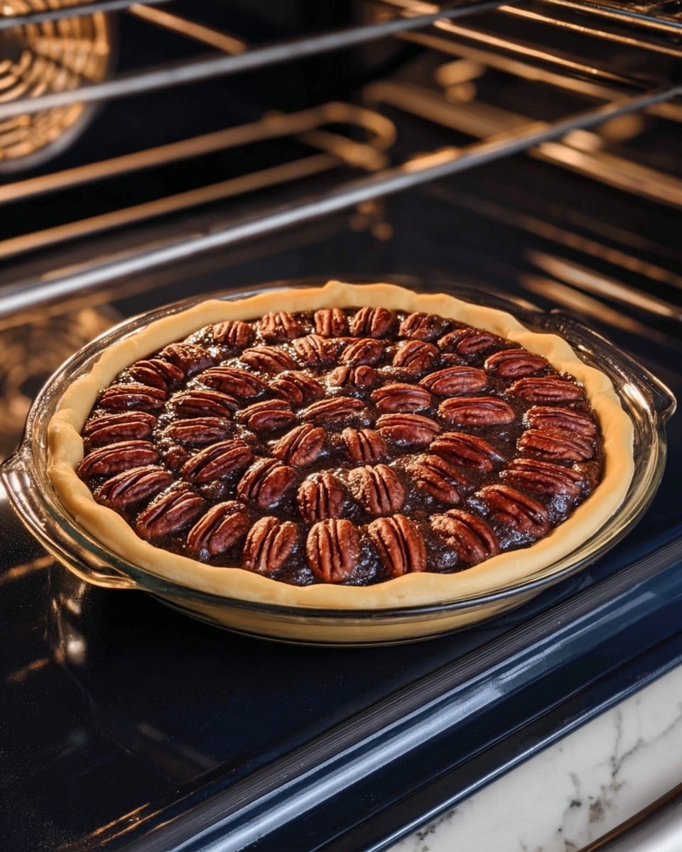 A round pecan pie in a clear glass dish with a thick, pale yellow crust forming the base and edge. The filling is dark brown, smooth, and glossy with pecan halves carefully arranged in neat concentric circles on top, showing rich reddish-brown color and textured nut shells. The pie sits on a black oven tray inside an oven, with parts of the oven's metal surface and fan visible in the background. The overall setting rests on a white marbled texture. photo taken with an iphone --ar 4:5 --v 7