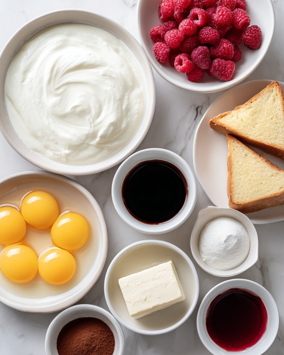 The image shows several white bowls and a white plate arranged on a white marbled surface. There is a large bowl with thick, white buttermilk, a bowl with five raw eggs showing bright yellow yolks and clear whites, and a plate holding four triangular pieces of white bread. Another bowl contains fresh red raspberries, while smaller bowls hold a block of light cream cheese with sugar, dark vanilla bean paste, deep red food coloring, dark brown unsweetened cocoa powder, and dark pure vanilla extract. Each bowl’s contents are clearly visible, showing different textures from smooth liquids to soft cheeses and fluffy bread. Photo taken with an iphone --ar 4:5 --v 7