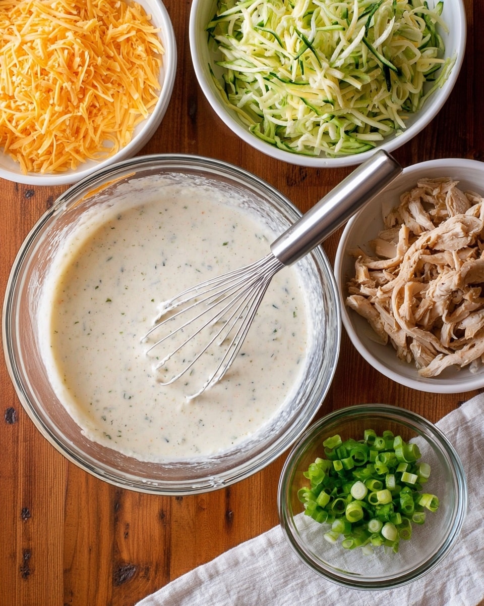A clear glass bowl in the center holds a creamy white batter with a few black specks, and a metal whisk rests inside. Around the bowl are four white dishes: one with shredded pale orange cheese, another with shredded light green zucchini, a third with shredded pale brown chicken pieces, and a small glass bowl filled with chopped green onions. All bowls sit on a wooden table with a white cloth partially visible at the right edge. photo taken with an iphone --ar 4:5 --v 7