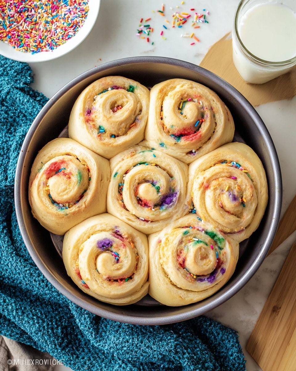 A round baking pan holds seven soft, swirled rolls arranged closely in a flower pattern. Each roll shows layers of pale golden dough spiraled with colorful sprinkles mixed inside, giving bright spots of red, blue, green, purple, and yellow seen through the slightly fluffy texture. The tops of the rolls are smooth and light golden brown, while some loose sprinkles are scattered around inside and outside the pan. The pan sits on a white marbled surface with a blue textured cloth nearby, a glass of milk, and a white plate holding more sprinkles visible at the edges. Photo taken with an iphone --ar 4:5 --v 7