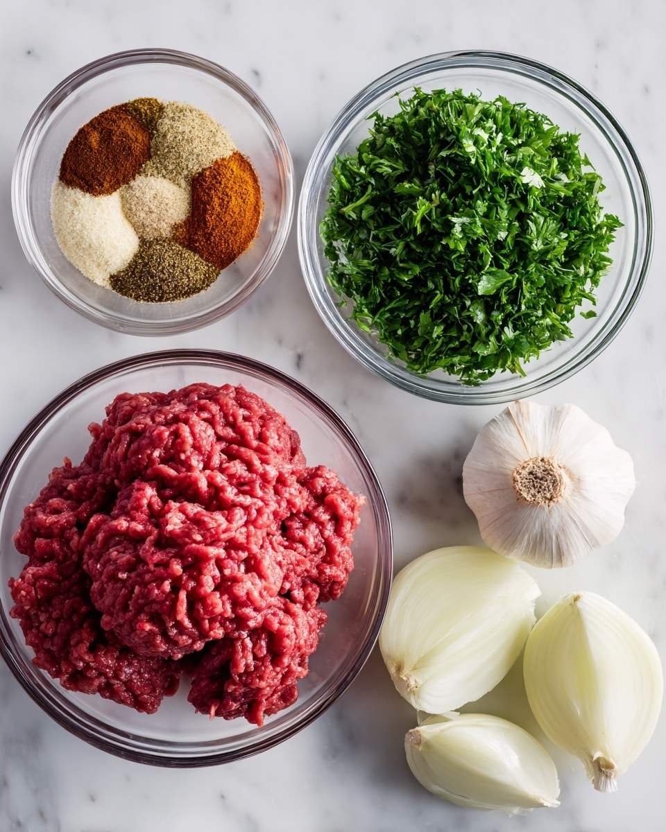 The image shows four clear glass bowls arranged over a white marbled surface. The top left bowl contains a colorful mix of spices layering in sections, including browns, reds, and beige tones creating a round pattern. The top right bowl is filled with bright green chopped parsley, giving a fresh and leafy look. The bottom left bowl holds a large mound of raw ground beef, displaying a mix of deep red and pink shades with a slightly coarse texture. The bottom right bowl includes quartered white onion pieces and two whole peeled cloves of garlic, showing smooth, pale layers. The image has text labels near each bowl that name the ingredients and spices. Photo taken with an iphone --ar 4:5 --v 7
