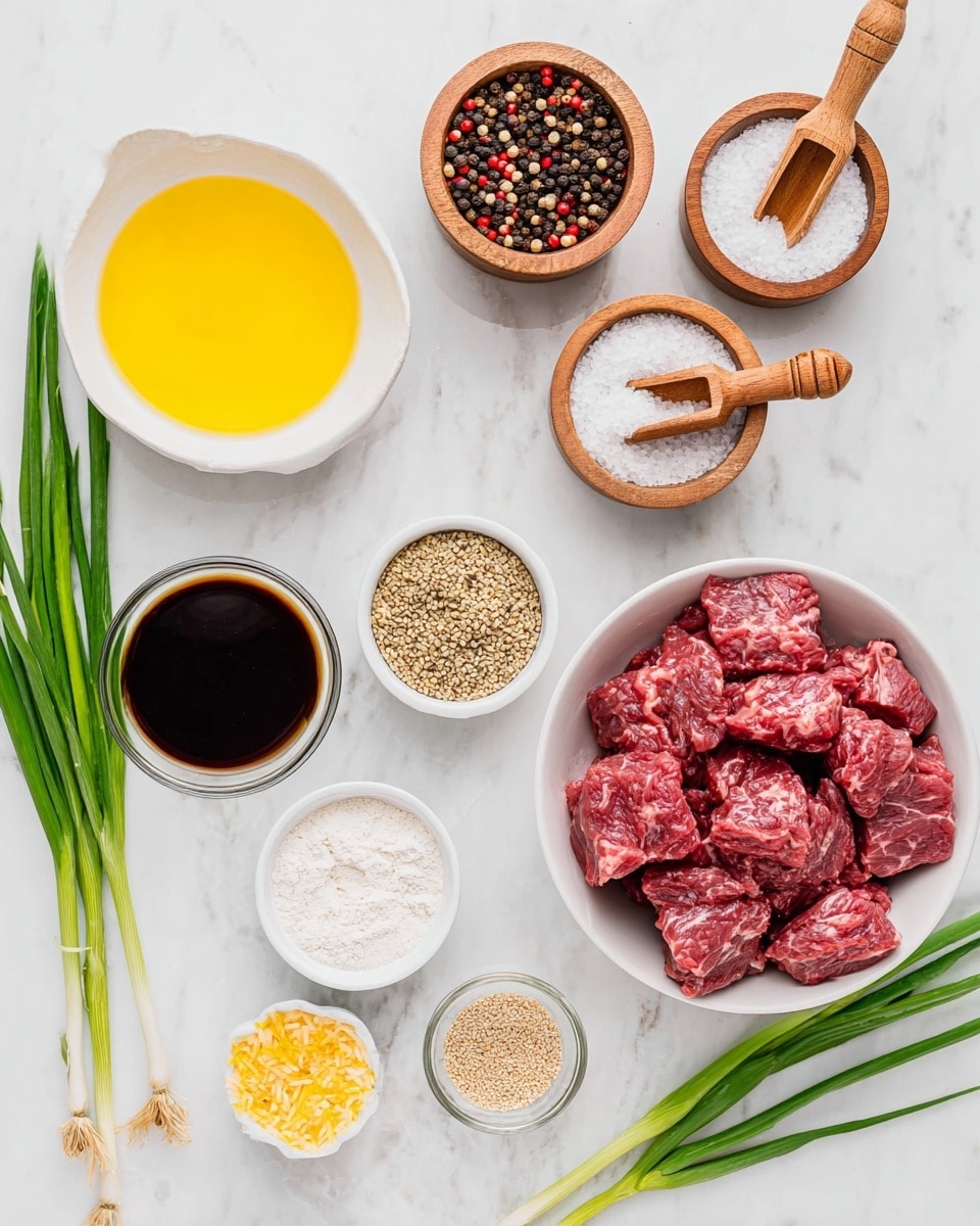 A collection of cooking ingredients is arranged on a white marbled surface. On the right side, there is a white bowl filled with raw red meat chunks with light marbling. Above it, two wooden round containers hold coarse white salt and a mix of whole black, white, and red peppercorns, each with a small wooden scoop. To the left of those, a white bowl contains bright yellow liquid, and below it, two small white bowls with dark soy sauce and a golden honey-like syrup. Below these is a white bowl with a thick white powder, and beside it is a small bowl filled with a mix of toasted white and black sesame seeds. Near the bottom left corner, a small white plate holds a sprinkle of yellow zest. Next to it, a small glass bowl contains white flour. At the bottom right, a few green onions with long green stalks and white ends are lying on the surface. The image is bright and clear, viewed from above. photo taken with an iphone --ar 4:5 --v 7
