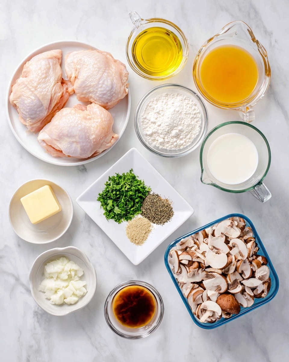 The image shows ingredients arranged neatly on a white marbled surface. In the center-left, two large raw chicken pieces sit on a white plate with smooth, pale pink textures. Above them are two small clear glass bowls: one with golden yellow oil and the other with white flour powder. To the right, there are two clear glass measuring cups, one filled with golden broth and the other with white milk. A white square dish holds a small pile of mixed spices in green, black, and white along with fresh green parsley in the center. Below, another small clear bowl contains a cube of pale yellow butter. A blue container on the right is filled with sliced brown and white mushrooms, showing their soft and spongy textures. Additional small clear bowls hold minced garlic, dark brown liquid sauce, and chopped white onions in the bottom left corner. The composition is bright and clean with a top-down perspective. Photo taken with an iphone --ar 4:5 --v 7