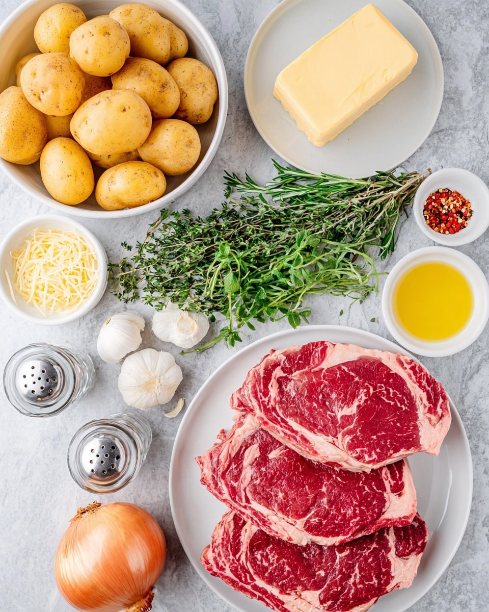 A white plate holds three raw ribeye steaks with bright red and marbled pink fat, positioned in the lower right. Above this plate is another white plate with fresh green herbs including rosemary, thyme, and oregano, alongside two garlic cloves. To the left of the herb plate is a white bowl filled with several medium yellow potatoes. Near the top right, a white plate holds a block of pale yellow butter, and a small white bowl contains red chili flakes. A whole brown onion sits on the lower left near a small white bowl of shredded cheese. Two clear salt and pepper shakers and a small white bowl of oil complete the layout, all arranged on a white marbled surface. photo taken with an iphone --ar 4:5 --v 7