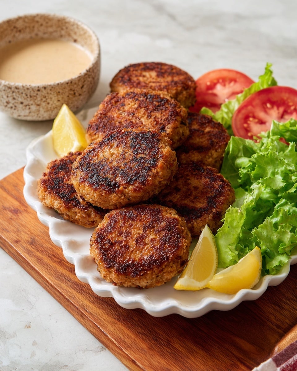 There are six round patties with a golden brown and slightly charred texture stacked in two rows on a white scalloped dish. Between some patties are small lemon wedges adding a light yellow contrast. The dish sits on a wooden board, with fresh green leafy lettuce to the right and slices of red tomato on the left. In the background, there is a speckled beige bowl filled with light-colored sauce. The surface beneath everything has a white marbled texture. Photo taken with an iphone --ar 4:5 --v 7