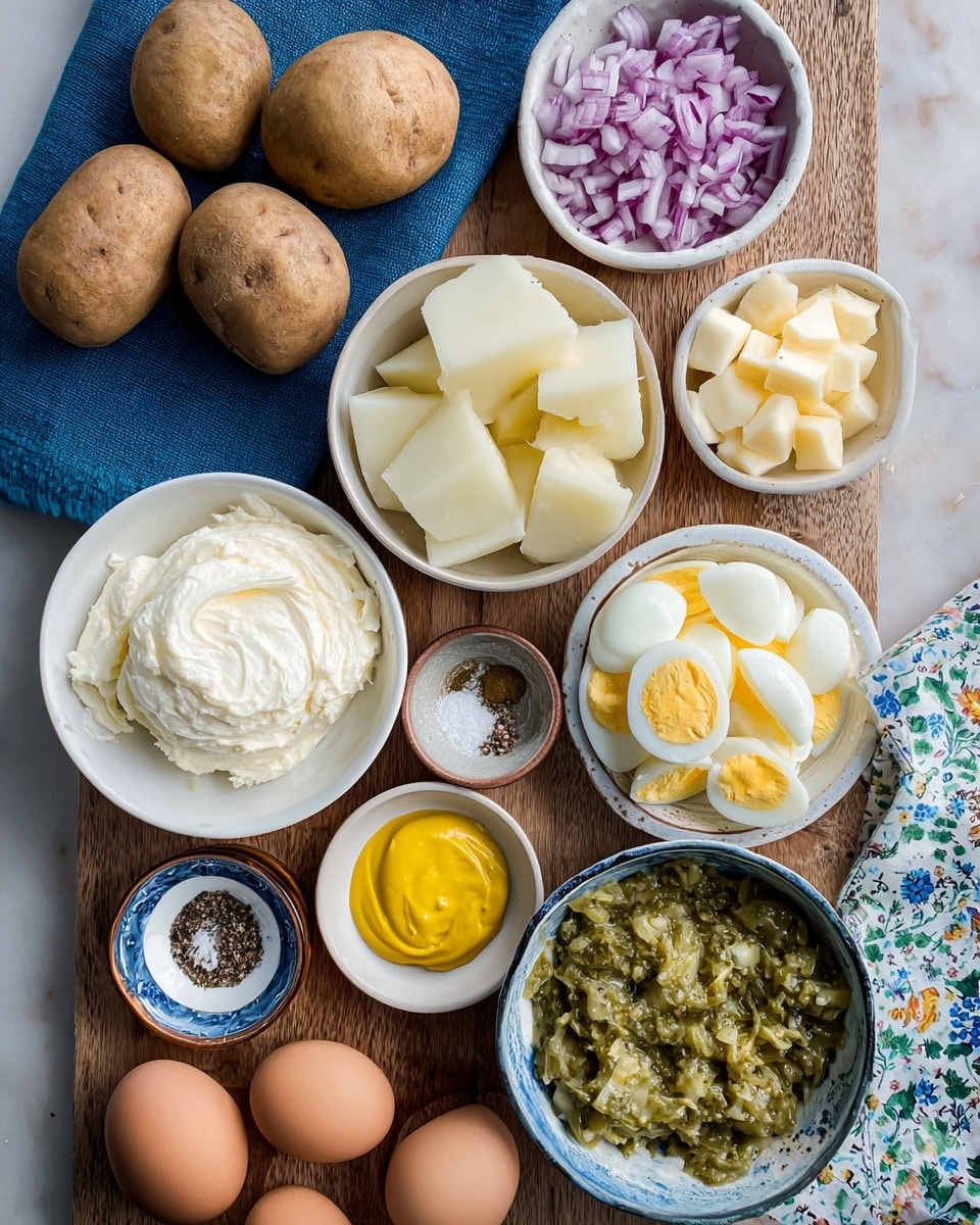 The image shows an overhead view of various ingredients arranged neatly on a wooden board and a white marbled surface. On the left, there are three whole brown potatoes resting on a blue cloth. Nearby, a white bowl holds four peeled potato pieces, creamy white and smooth in texture. Above that, another white bowl is filled with finely chopped red onions, showing a mix of white and purple colors. Adjacent to it, a small white bowl contains pale yellow slices of butter. Below, a large bowl has a creamy white substance with a soft, fluffy texture. Next to it, a small bowl holds bright yellow mustard, smooth and glossy. Another small bowl contains chopped hard-boiled eggs with white and yellow pieces. To the right, a ceramic bowl holds a chunky green relish with visible bits of vegetables. There is also a tiny white dish with ground black pepper and salt. At the bottom left corner, there are three brown eggs placed in a white dish. The whole setting is on a white marbled surface with parts of a blue floral cloth visible. photo taken with an iphone --ar 4:5 --v 7