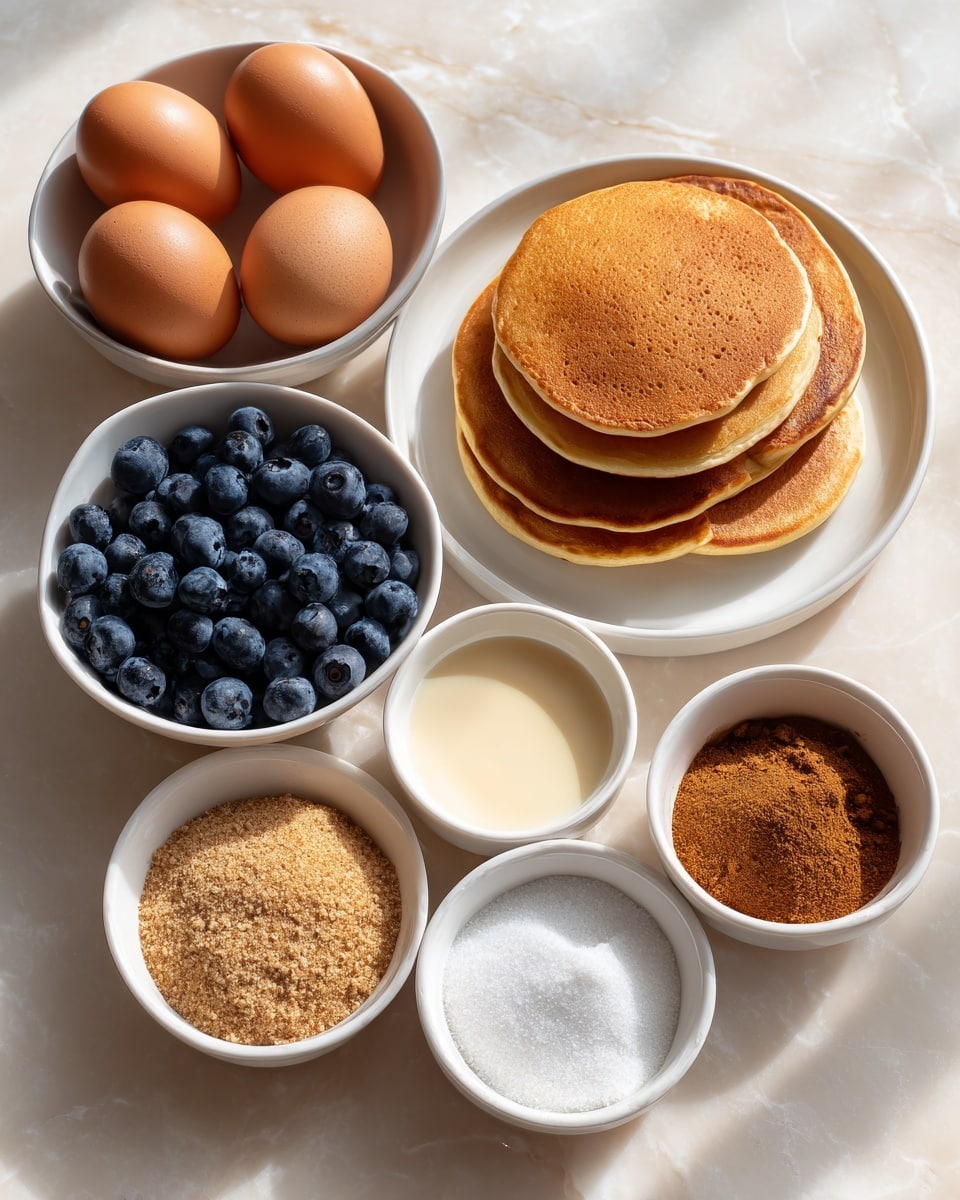 The image shows a top view of several bowls and a plate with ingredients arranged neatly on a white marbled surface. There is a white bowl with six brown eggs on the top left. Next to it on the right is a white plate holding five golden brown pancakes slightly overlapping each other. Below the eggs is a clear glass bowl filled with plump, fresh blueberries. To the right of the blueberries is a small clear bowl containing a dark brown vanilla extract. Below the vanilla, a larger clear bowl is full of creamy half and half cream. To the left of the half and half is another clear bowl with light brown, soft brown sugar. At the bottom center is a tiny clear bowl holding a mix of cinnamon powder and white salt. The wooden floor texture in the original image is replaced with a clean white marble texture to keep a bright and fresh look photo taken with an iphone --ar 4:5 --v 7