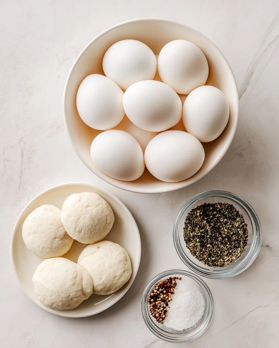 A white bowl filled with eight smooth white eggs sits at the top center on a white marbled surface. Below it, slightly tilted to the right, is a blue and yellow can of refrigerated biscuits with visible biscuit images on the label. Near the bottom right, there is a small clear glass bowl containing two separate piles of seasoning: white salt on the left and black pepper on the right. The setup is clean and bright with soft natural light. photo taken with an iphone --ar 4:5 --v 7