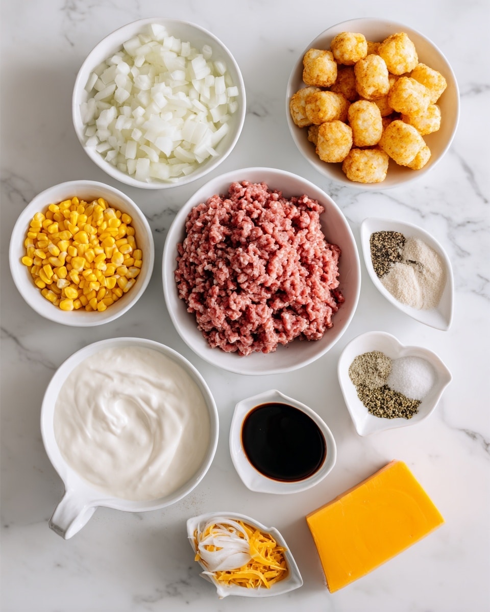 The image shows separate ingredients neatly arranged on a white marbled surface. In the center, there is a white bowl with raw ground beef, pink and textured. Surrounding it are smaller white bowls holding chopped white onion, bright yellow corn, and creamy beige mushroom soup. Below these bowls, there is one with smooth white sour cream and another with pale milk. To the side, a small white plate holds dark Worcestershire sauce. Next to it, a heart-shaped white dish contains white salt, black pepper, and greenish garlic powder. At the bottom right, there is a block of bright orange cheddar cheese placed near a small pile of golden frozen tater tots. The whole setup is clean and bright. Photo taken with an iphone --ar 4:5 --v 7
