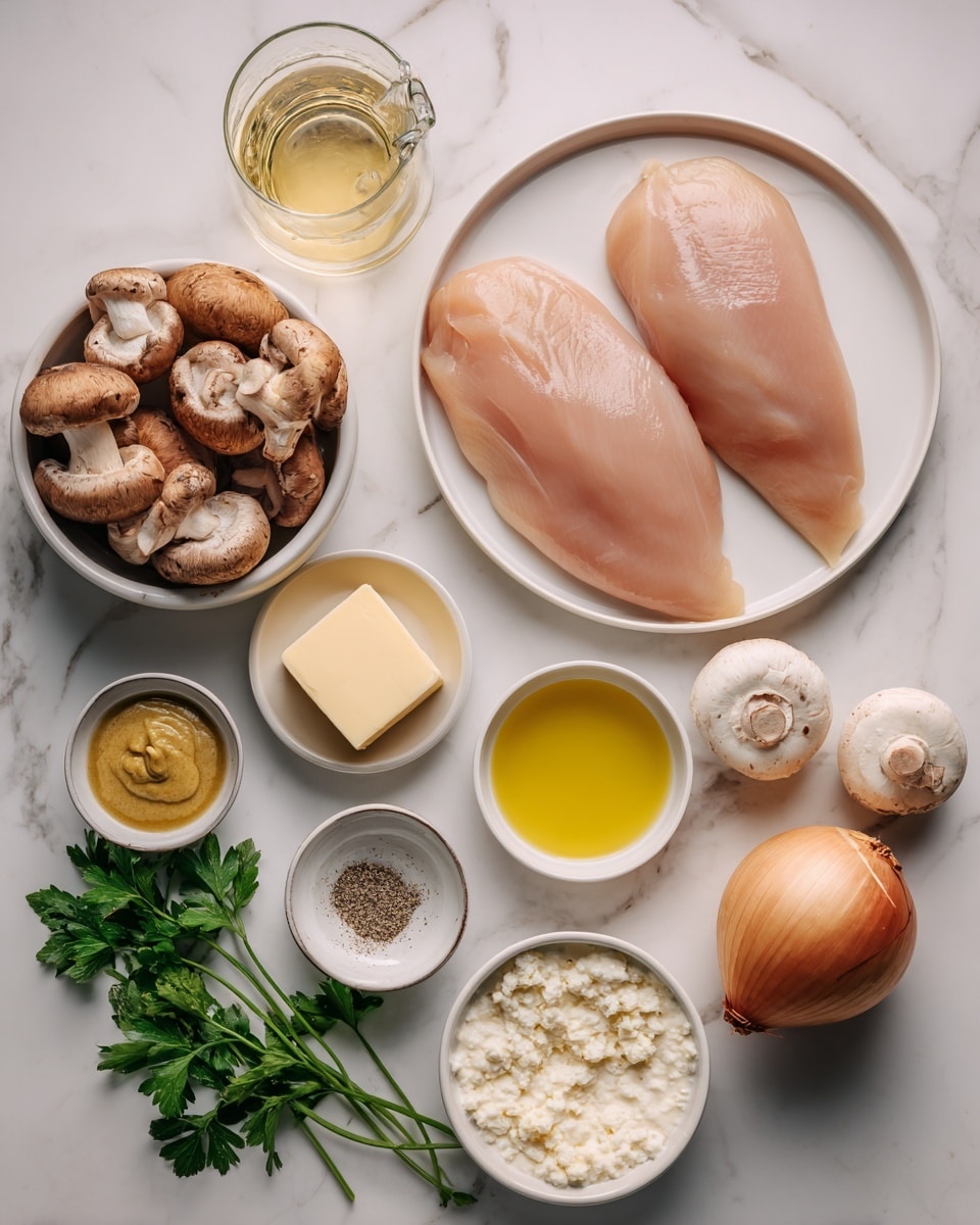 Two raw pink chicken breasts lie side by side on a white plate at the top center. To the left, a white bowl holds several whole brown mushrooms. Below and around these main items are small white bowls filled with cooking ingredients: a pale yellow cube of butter, light yellow grated parmesan cheese, a small bowl of bright yellow olive oil, a bowl of heavy cream with a smooth white surface, ground black pepper specks in another bowl, and white salt in a nearby bowl. A small round dish contains a dollop of light brown dijon mustard, a glass cup has a clear light golden liquid of white wine, and another small bowl holds light beige garlic powder. A whole light brown onion and a few sprigs of fresh green parsley are placed on the white marbled surface under and around the bowls and plate. photo taken with an iphone --ar 4:5 --v 7