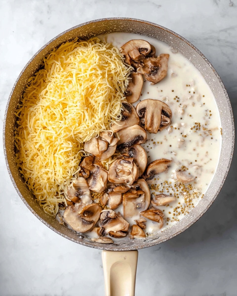A cooking pan contains four main layers: one side has shredded yellow cheese piled up with a soft, grated texture; next to it, cooked sliced mushrooms with a light brown and slightly glossy surface; the middle and right side show white creamy liquid with small lumps of mustard seeds adding a touch of yellow and brown; underneath all these is the pan’s silver, slightly worn metal base, with a light beige handle at the bottom center of the image. The pan sits on a white marbled surface. photo taken with an iphone --ar 4:5 --v 7