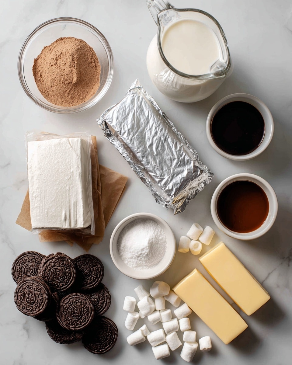 A collection of ingredients is arranged on a white marbled surface. There is a clear glass measuring cup filled with milk placed at the top center. Below it and to the left is a small clear bowl filled with light brown hot cocoa mix powder. To the left of that is a white container of cool whip. Below the cool whip are two rectangular blocks wrapped in brown paper labeled instant chocolate pudding. Near the center is a silver foil-wrapped block of cream cheese. Below and to the right of that sits a small white bowl filled with powdered sugar. Next to it, on the right, is a white measuring cup filled with dark chocolate syrup. On the bottom left, a pile of chocolate sandwich cookies with dark textured surfaces and cream-filled centers is spread out. To the far right, two sticks of yellow butter are placed on the white marbled surface, next to a scattered group of mini white marshmallows. photo taken with an iphone --ar 4:5 --v 7