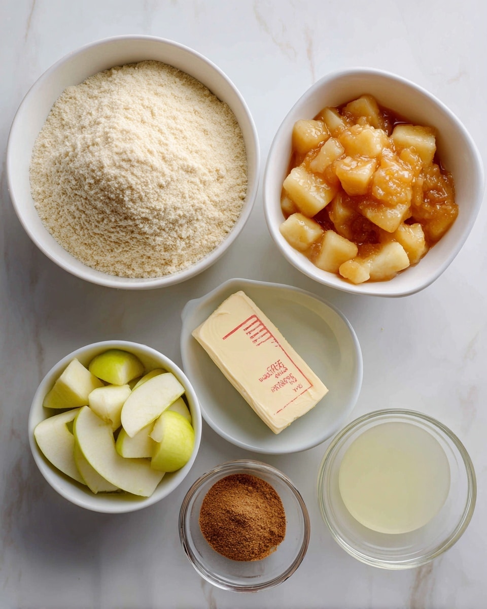 The image shows six separate ingredients on a white marbled surface: a large white bowl filled with light beige dry cake mix powder, a small white bowl with sliced pale yellow-green apple pieces, a medium white bowl containing chunky apple pie filling in a light orange sauce, a small clear glass bowl with brown apple pie spice powder, a stick of pale yellow butter with red measurements and text on the wrapper, and another small clear glass bowl holding clear lemon juice. All items are arranged neatly with clear labels on each. photo taken with an iphone --ar 4:5 --v 7