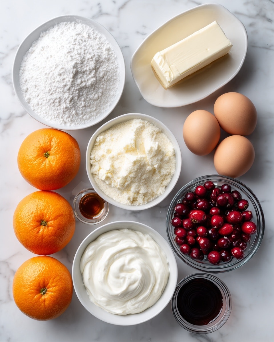 The image shows various baking ingredients neatly arranged on a white marbled surface, each in a separate white bowl or small clear glass bowl, labeled clearly. Starting from the top left, there is a white bowl filled with white powdered sugar with a soft, powdery texture. Below it, a small clear glass bowl holds white baking powder in a fine powder form. Nearby, a stick of salted butter wrapped in light packing lies flat. To the right, three brown large eggs with a smooth shell rest together. In the center, a white bowl filled with pale yellow sugar granules with a slightly coarse texture. Below this, a white bowl holds thick white sour cream with a smooth surface. To its right, a small clear glass bowl contains dark amber vanilla extract. Adjacent there is another small clear glass bowl with fine white salt. Completing the layout, two whole bright orange oranges with textured peel and a white bowl full of fresh cranberries with shiny, round, deep red skins are beautifully placed. photo taken with an iphone --ar 4:5 --v 7