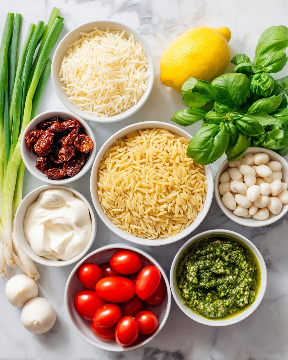 A white bowl filled with light yellow uncooked orzo sits on a white marbled surface at the lower left. To the right of it is another white bowl with smooth white mayonnaise, next to a cluster of bright red grape tomatoes. Above them are small white bowls containing pale pine nuts and white mozzarella pearls. At the top center, there is a bunch of fresh green basil with broad leaves near a bright yellow lemon. Next to the lemon on the right are dark reddish-brown sundried tomatoes in a white bowl. On the left side, there are fresh green onions with white bulbs resting on the white marbled background. To the far left at the top, a white bowl holds grated pale yellow Parmesan cheese. At the bottom right corner, a white bowl contains green pesto with a slightly chunky texture. All items are laid out neatly on the white marbled surface. photo taken with an iphone --ar 4:5 --v 7