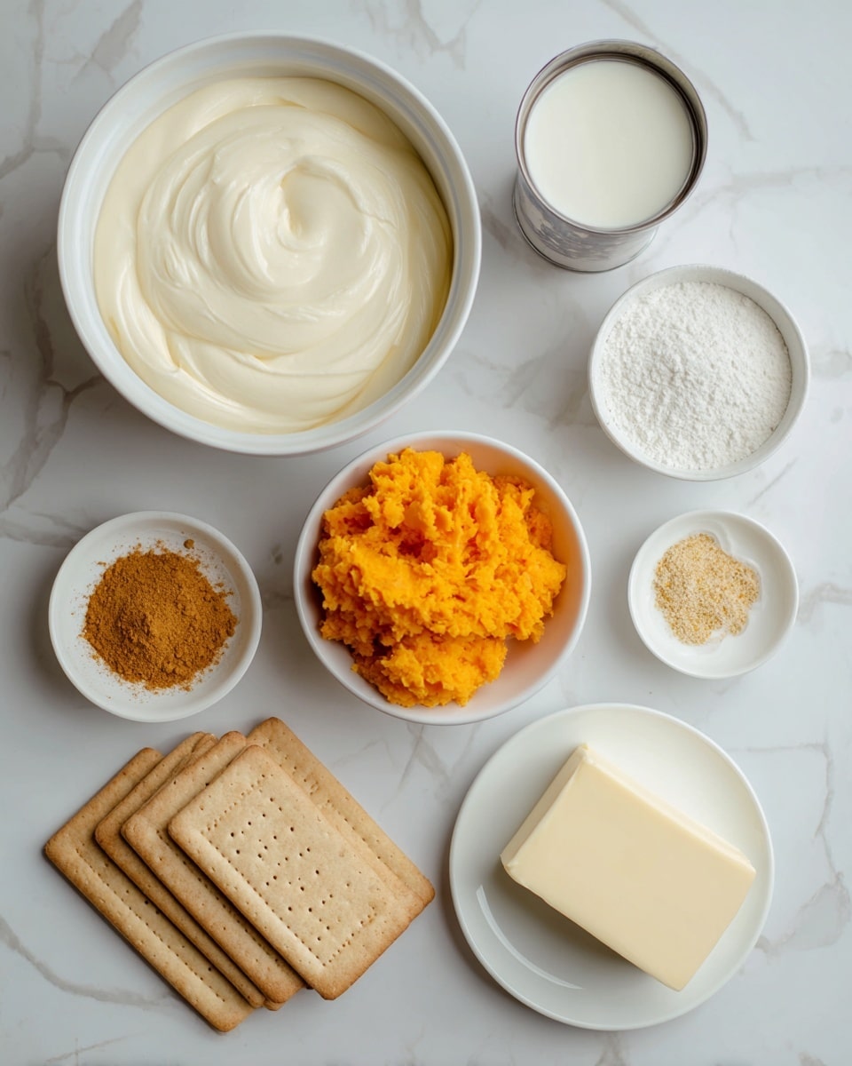The image shows ingredients neatly arranged on a white marbled surface. There is a large open white container filled with smooth, creamy white substance at the top center. Below it, a small white bowl holds bright orange mashed pumpkin or sweet potato. Next to it, another small white bowl contains fine white powder. To the right, a small white bowl is filled with a pale yellow powder. Near the bottom left are four rectangular golden brown crackers stacked slightly overlapping, beside a stick of pale yellow butter with its wrapper partially removed and a silver package of cream cheese. A metal can with a light cream liquid sits behind the crackers, and in front is a small white dish holding a heap of golden ground spice. The whole setup looks clean and organized, ready for making a recipe. Photo taken with an iphone --ar 4:5 --v 7
