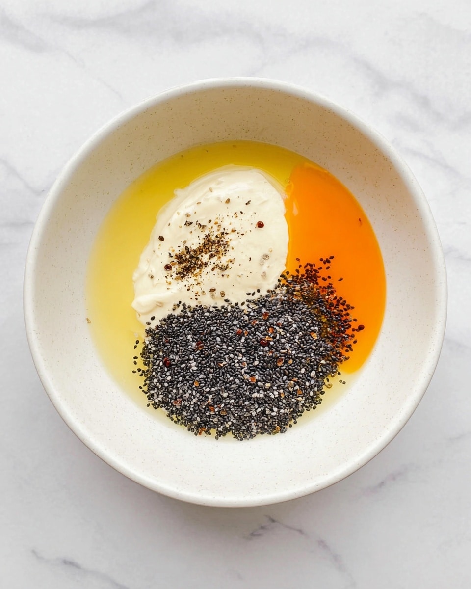 In a white bowl placed on a white marbled surface, there are four visible layers of ingredients. The first layer is a light golden yellow liquid covering the bottom left side. On top of this, slightly off-center, is a creamy off-white paste forming the second layer. To the right of the creamy paste, a dense pile of small black seeds fills about a third of the bowl. Finally, a bright orange glossy liquid sits in the top right corner, and a small sprinkle of crushed black pepper rests on the creamy paste. The arrangement shows clear separation of each ingredient. Photo taken with an iphone --ar 4:5 --v 7