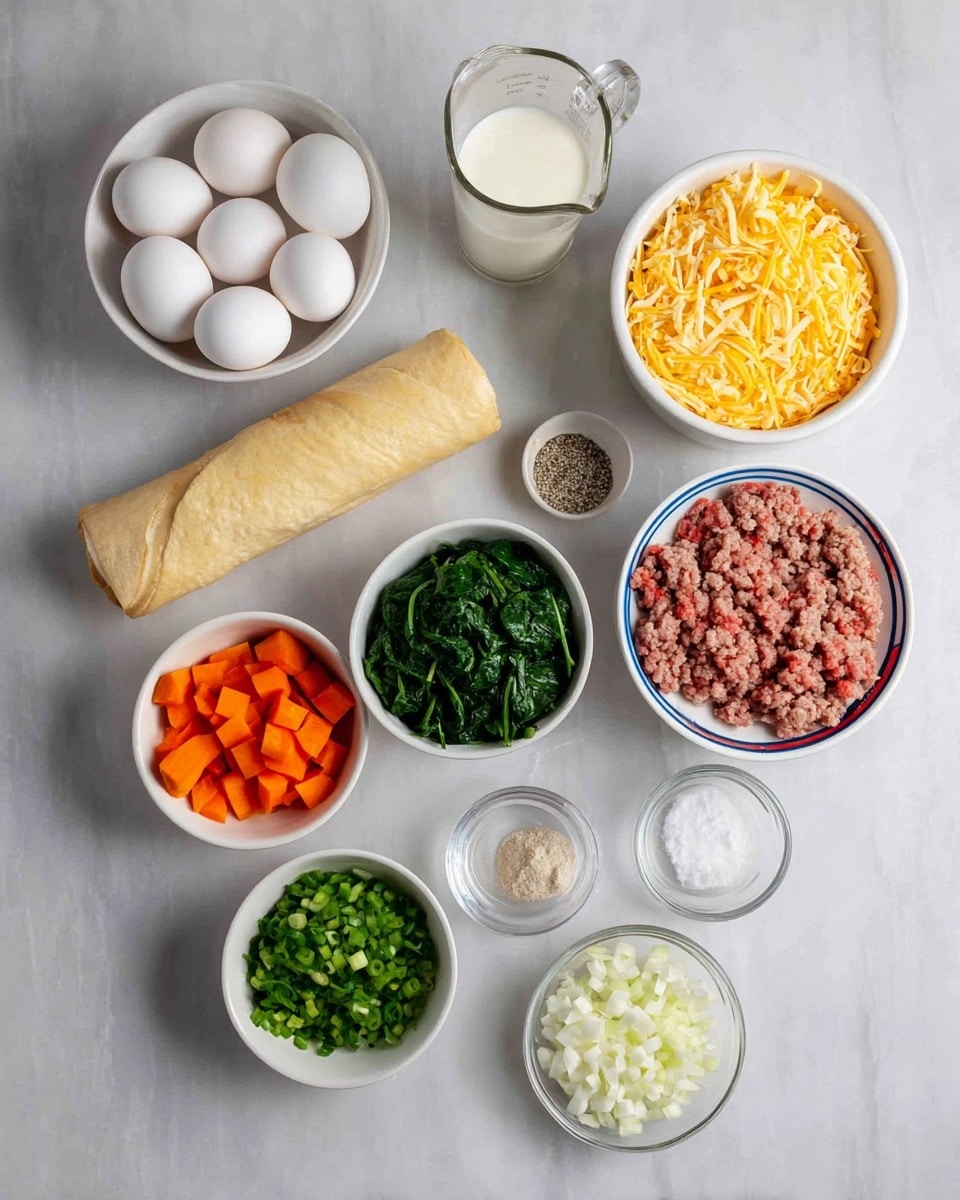 The image shows various raw ingredients neatly arranged on a white marbled surface. At the top left, there is a white bowl filled with seven white eggs, next to a glass measuring cup with milk. Below that, a small white bowl contains diced orange carrots, and next to it is a roll of crescent dough sheet leaning sideways. To the right of the carrots, a larger white bowl is filled with shredded cheddar cheese. On the middle right side, there is a white bowl with raw ground meat. Below and to the left, chopped green spinach fills another white bowl. Nearby, a small white bowl contains sliced green onions, and next to that, a clear small bowl holds minced garlic. Near the bottom right corner, a white bowl contains chopped white onions. A clear bowl holding salt and black pepper is placed between the garlic and the onions. All the bowls and items are arranged softly in a simple overhead view, with soft daylight. Photo taken with an iphone --ar 4:5 --v 7