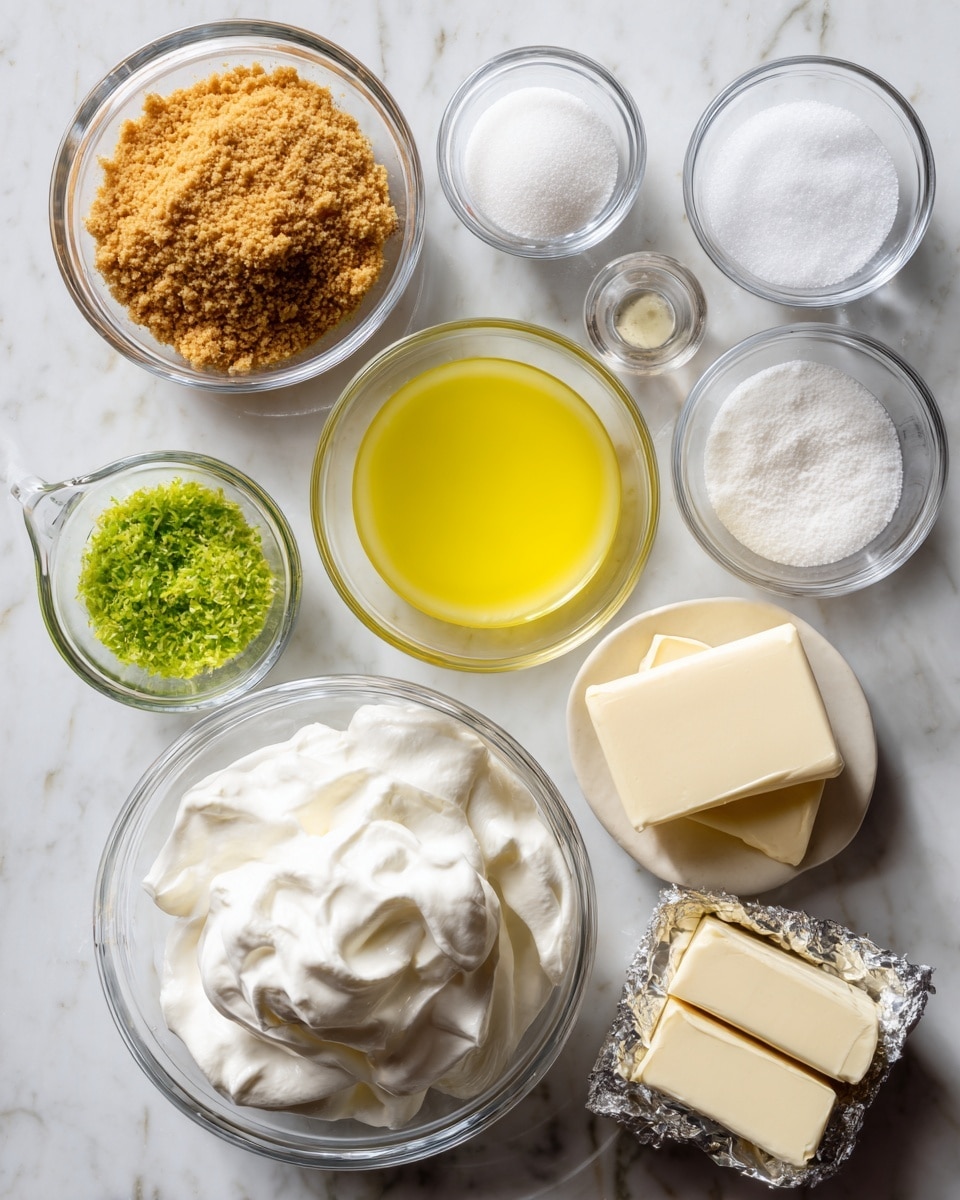 The image shows eight clear glass bowls and two wrapped blocks of cream cheese arranged on a white marbled surface. The largest bowl at the top left contains golden brown graham cracker crumbs. To its right are two small bowls with white sugar and white salt. Next to those is a medium bowl filled with bright yellow lime juice. Below the lime juice bowl is a large bowl with fluffy white cool whip with a smooth texture. To the left of the cool whip are two small bowls, one with bright green lime zest and the other with melted golden yellow butter in a glass measuring cup. At the bottom left is a medium bowl full of pale yellow condensed milk. Two silver-wrapped blocks of cream cheese sit at the bottom right. The setup is neat and brightly lit to show each ingredient clearly. Photo taken with an iphone --ar 4:5 --v 7