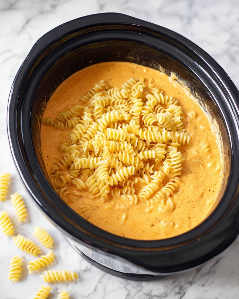 The image shows a black slow cooker with two main layers inside. The bottom layer is a creamy orange sauce that looks smooth and thick. On top of this sauce, there is a layer of yellow spiral pasta, sitting loosely and not mixed in. The slow cooker is placed on a white marbled surface, with a few pieces of pasta scattered around it. The photo taken with an iphone --ar 4:5 --v 7
