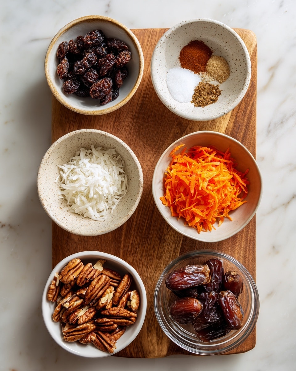 Five small bowls and one wooden cutting board with different ingredients are arranged on a white marbled surface. The top left bowl holds dark brown raisins with a wrinkled texture. Next to it, a small white speckled bowl on a wooden cutting board contains three small piles of spices: cinnamon and nutmeg in warm brown shades and white sea salt. To the right, a white bowl holds dark brown chopped dates with shiny, sticky pieces. Below, an off-white bowl contains bright orange shredded carrots with a rough texture. On the bottom left, a white bowl is filled with fine, white shredded coconut flakes. Finally, at the bottom, a clear bowl is full of brown pecans with a smooth texture. photo taken with an iphone --ar 4:5 --v 7