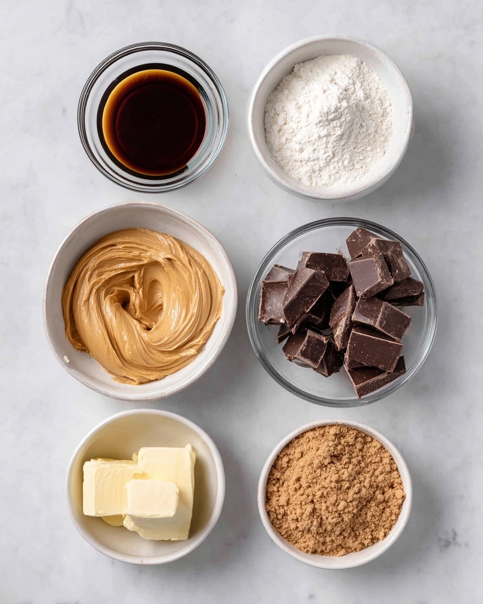 The image shows seven small bowls of ingredients placed separately on a white marbled surface. At the top center is a small glass bowl with dark brown liquid. To the right of it is a white ceramic bowl filled with a mound of white powder. Below the glass bowl is another white ceramic bowl with smooth creamy light brown spread, swirled in the bowl. To the right of the spread is a clear glass bowl containing large chunks of dark chocolate. Below the chocolate bowl is a small white ceramic bowl with pale yellow solid butter. To the left of the butter bowl is another white ceramic bowl filled with brown crushed bits. Finally, at the bottom right corner is a white ceramic bowl of light brown fine powder. Everything is arranged neatly and clearly visible, photo taken with an iphone --ar 4:5 --v 7