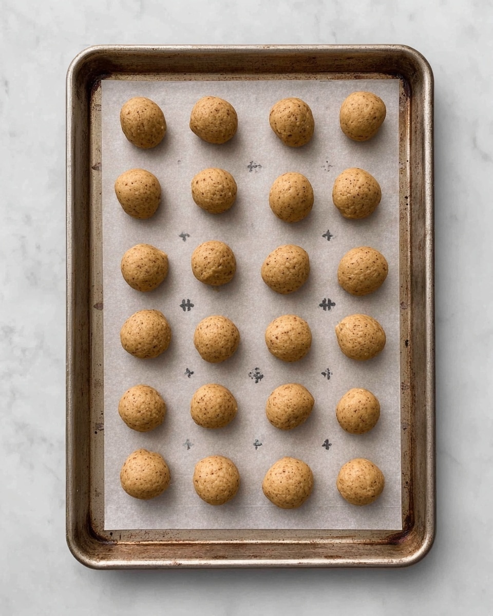 A metal baking tray sits on a white marbled surface, lined with a sheet of parchment paper with faint cross and floral marks. On the parchment, there are 20 small, round dough balls spaced evenly in a neat grid of 4 rows and 5 columns. The dough balls are light brown with small darker specks and have a slightly rough texture. The tray has some dark spots and signs of use but is clean overall. photo taken with an iphone --ar 4:5 --v 7