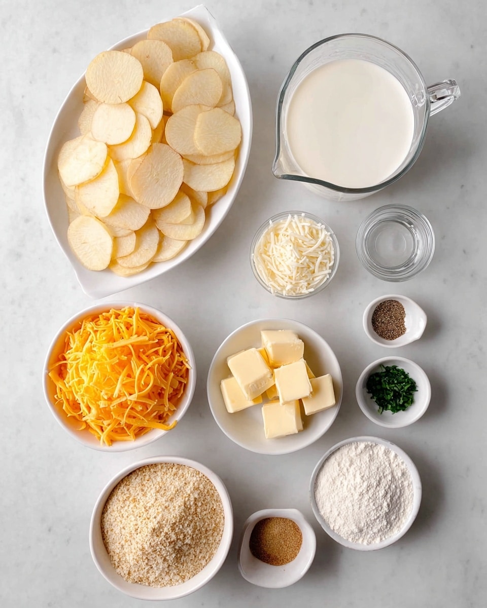 The image shows various ingredients in white bowls and a clear measuring cup on a white marbled surface, arranged neatly. The largest bowl holds thin, round slices of light tan potatoes. To the right, a clear measuring cup contains white milk. Below the milk, a small white bowl is filled with light brown breadcrumbs. Further down, there are cubes of pale yellow butter in another small white bowl. On the left side, two white bowls hold shredded cheese: one with bright orange cheddar and the other with off-white cheese. Small bowls near the center contain minced garlic, white flour, a small pile of chopped green herbs, and a tiny glass bowl with a dark brown spice. The neat arrangement and variety of colors create a clean and organized look photo taken with an iphone --ar 4:5 --v 7
