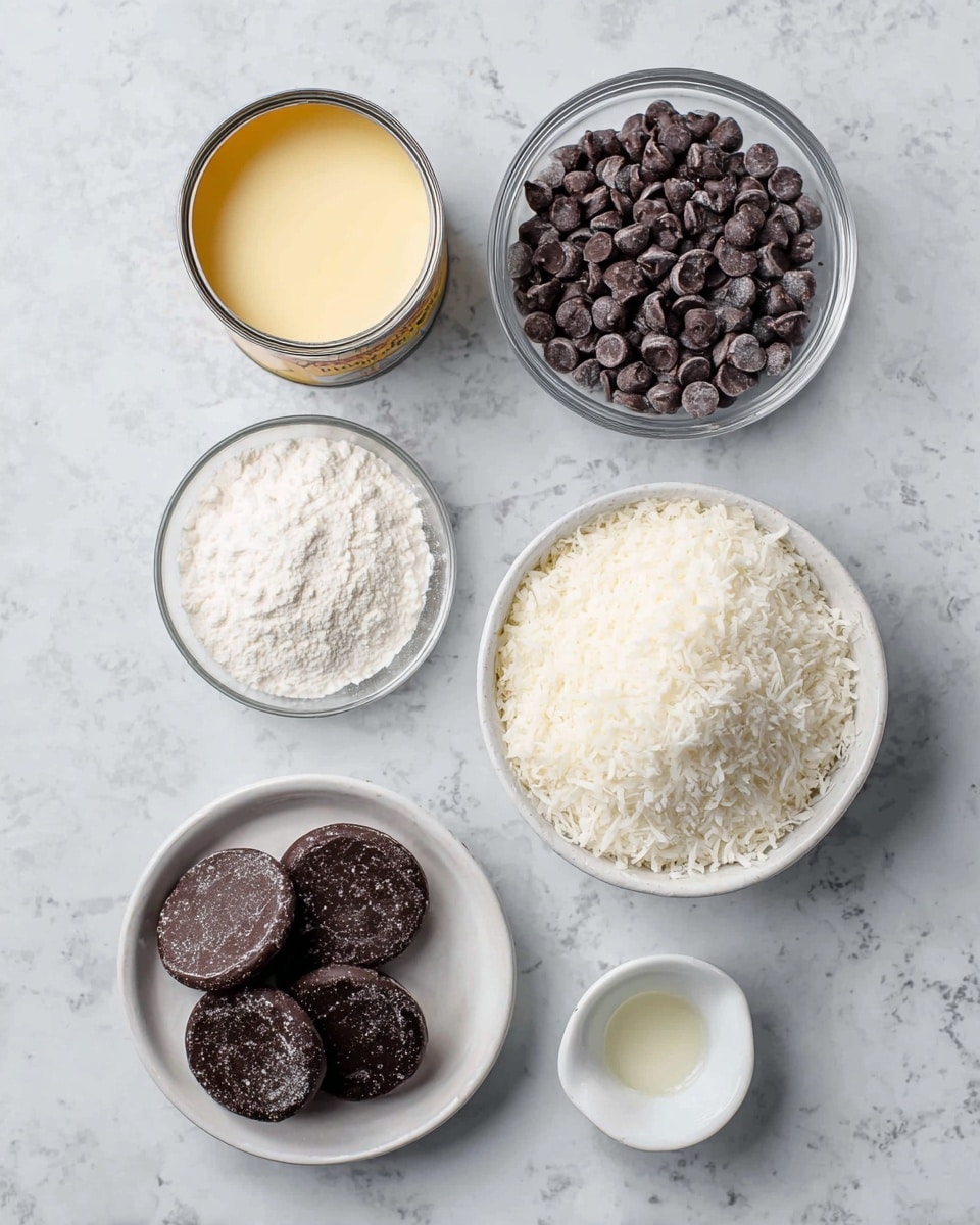 The image shows six containers on a white marbled surface, each holding a different baking ingredient. At the top right, a small clear glass bowl is full of shiny dark brown chocolate chips, above another small clear glass bowl filled with white powdered sugar. Below them is an open can of light yellow sweetened condensed milk. To the right of these is a larger white bowl heaped with fluffy white shredded coconut. At the bottom center is a small clear glass bowl containing flat, round dark brown chocolate wafers, and to its right, a small white cup holds a few spoons of solid white coconut oil. The setting is clean and bright with even light. photo taken with an iphone --ar 4:5 --v 7