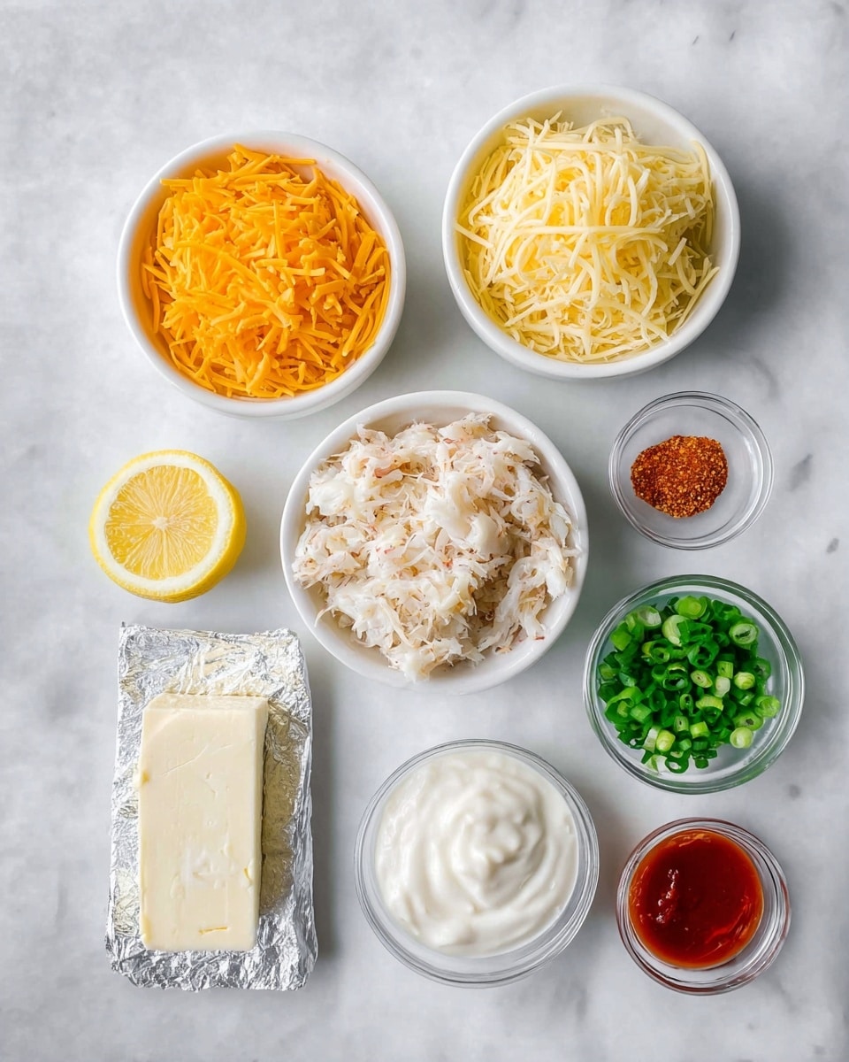 A flat lay image showing seven small round white bowls and containers arranged on a white marbled surface. The top two bowls contain shredded orange cheddar cheese on the left and shredded pale yellow cheese on the right. In the center is a bowl filled with light-colored shredded crab meat. Below to the left is a sliced lemon half, below in the center is a small rectangular block of cream cheese in silver foil, and below to the right is a bowl of white sour cream with a smooth texture. To the right of the crab meat bowl is a small bowl with bright green chopped spring onions, and next to it is a small clear glass bowl with red hot sauce. A small clear bowl with reddish-brown seasoning powder is placed near the lemon. The arrangement is neat and evenly spaced. Photo taken with an iphone --ar 4:5 --v 7