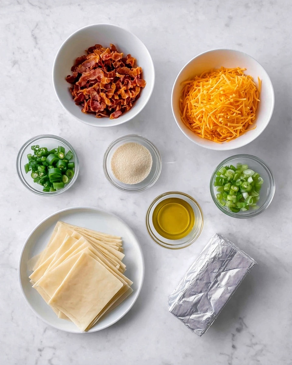 The image shows several white bowls and plates arranged on a white marbled surface. At the top left, there is a white bowl filled with crumbled cooked bacon, showing a rough texture and reddish-brown color. To the right of it, another white bowl holds shredded orange cheddar cheese, with a soft and stringy appearance. Below them are three smaller white containers in a triangular shape: chopped green jalapeños on the left, small green sliced scallions on the right, and a glass bowl with a light beige powder in the center. Below these, there is a white bowl with a golden yellow liquid, likely oil. At the bottom left, a white plate carries a stack of square, pale pasta sheets. On the bottom right, an unopened silver foil package of cream cheese lies flat. The overall setup is neat and brightly lit, on a clean white marbled surface photo taken with an iphone --ar 4:5 --v 7