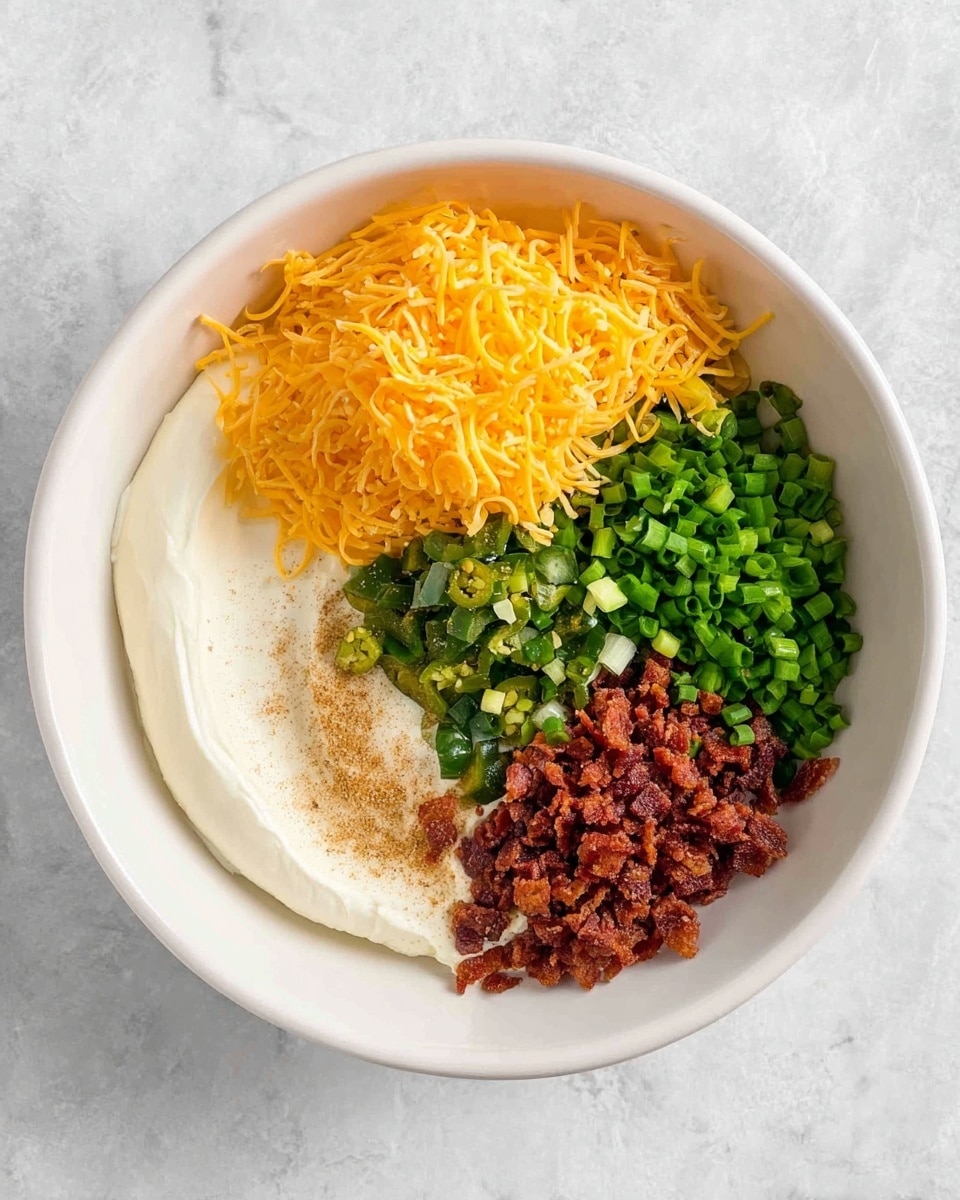 A white bowl with five separate layers inside sits on a white marbled surface. The first layer is smooth and creamy white cream cheese positioned on the left side. Next to it, on the top center, is a pile of long thin orange shredded cheddar cheese. To the right of the cheese is a small heap of finely chopped green onions. Below the onions, on the lower right, lies a brown crumbly layer of cooked bacon bits. On the lower left side, there are small diced pieces of dark green jalapeño peppers. A small amount of light brown seasoning powder is sprinkled on the cream cheese near the shredded cheddar. The image is taken from above, showing all the colors clearly. photo taken with an iphone --ar 4:5 --v 7
