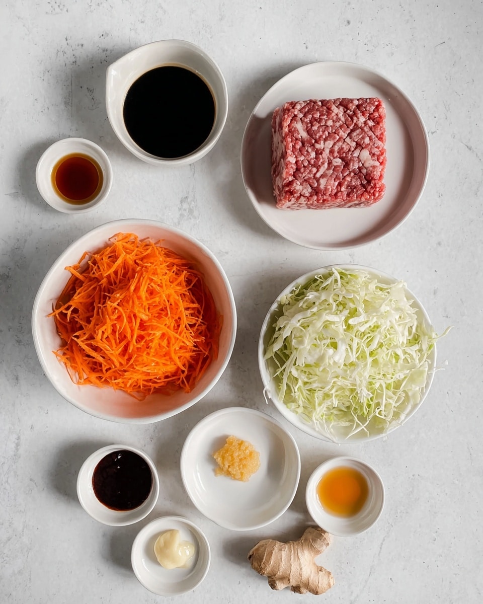 The image shows several small white bowls placed on a white marbled surface, each bowl holding different ingredients. At the top right, a bowl holds a square block of raw minced meat with a pink and red texture. Below it to the left, a larger bowl is filled with bright orange shredded carrots piled high. To the bottom right of the carrots, another bowl contains finely shredded pale green and white cabbage. Surrounding these main bowls are smaller bowls with various sauces and pastes: a dark soy sauce, a light brown thick sauce, a dark black sauce, a small amount of red chili sauce, a golden translucent sauce, a small dollop of pale yellow paste, and a small piece of ginger root. The arrangement is neat and organized, with the colors and textures of the ingredients clearly visible. Photo taken with an iphone --ar 4:5 --v 7