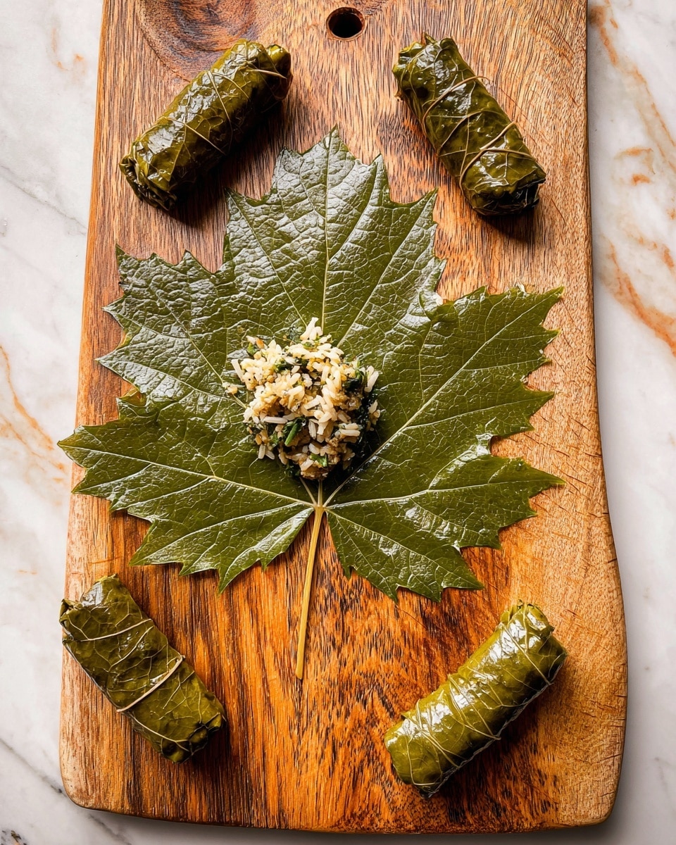 A large green grape leaf lies flat on a wooden cutting board with a small pile of rice mixed with herbs and spices placed in the center of the leaf. Around the board, there are six rolled grape leaves stuffed with the same filling, each tightly wrapped and shiny, showing their textured veins. The wooden board has a rustic look with visible grains and a warm brown color, placed on a white marbled surface. Photo taken with an iphone --ar 4:5 --v 7