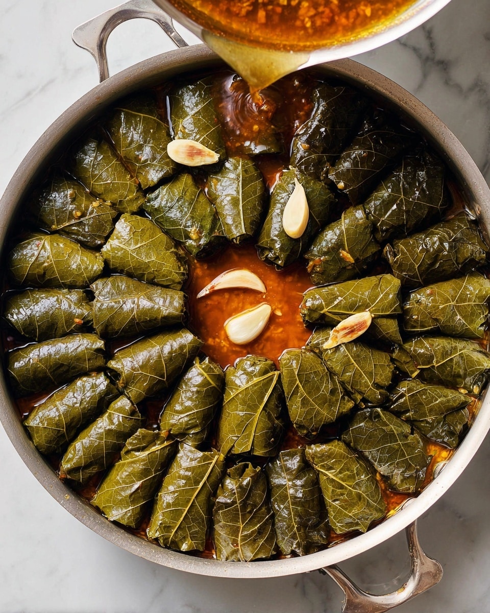 A round white pan filled with two layers of shiny green grape leaves tightly wrapped into small rolls, arranged in neat circular rows inside the pan. The grape leaves have visible veins and are glossy from a brownish-red sauce being poured over them from a saucepan held near the pan’s handle. Thin slices of garlic are scattered on top of the grape leaves and sauce, adding light cream-yellow spots on the dark green surface. The pan sits on a white marbled surface. Photo taken with an iphone --ar 4:5 --v 7