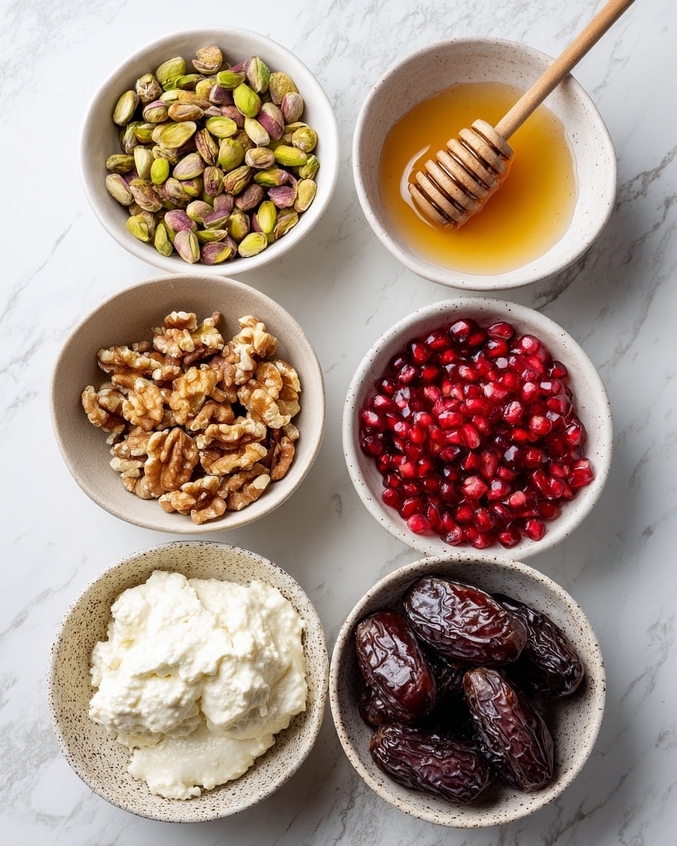 Six white ceramic bowls sit on a white marbled surface, each filled with different ingredients. At the top right, a bowl holds golden honey with a wooden honey dipper resting inside. To its left, a bowl contains chopped pistachios in shades of green and brown. Below the pistachios, a bowl is filled with bright red, glossy pomegranate arils. At the bottom left, a bowl contains light brown chopped walnuts. At the bottom right, a speckled white bowl holds soft, creamy mascarpone cheese with a slightly crumbly texture. In the center bottom, a larger speckled bowl is filled with dark, shiny Medjool dates. The overall arrangement is neat and the colors contrast well with the white marbled background. Photo taken with an iphone --ar 4:5 --v 7