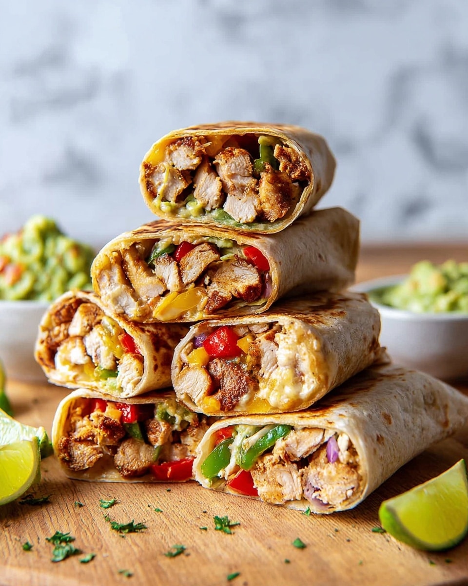 The image shows a stack of five burrito halves arranged on a wooden surface with a white marbled texture background. Each burrito is wrapped in a soft, light brown tortilla with a slightly toasted look. Inside, the fillings are clearly visible, showing three main layers: a base layer of cooked light brown chicken pieces, a middle layer with vibrant pieces of red, green, and yellow bell peppers mixed with red onions, and a top layer of creamy light beige sauce. In the background, there is a white bowl with green guacamole and lime wedges on the surface near the burritos. The colors are vibrant and fresh, making the burritos look ready to eat photo taken with an iphone --ar 4:5 --v 7