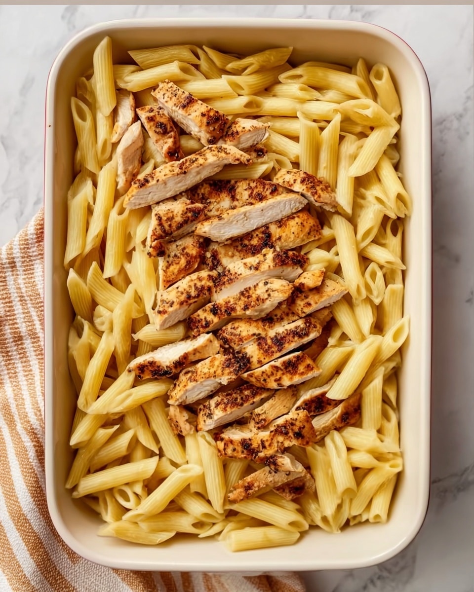 A rectangular white dish filled with a bottom layer of light yellow penne pasta with a smooth texture, topped in the center with a layer of grilled chicken slices slightly browned and seasoned, showing a mix of white inside and darker outer edges. The dish is placed on a white marbled surface with a striped cloth partially visible on the left side. photo taken with an iphone --ar 4:5 --v 7