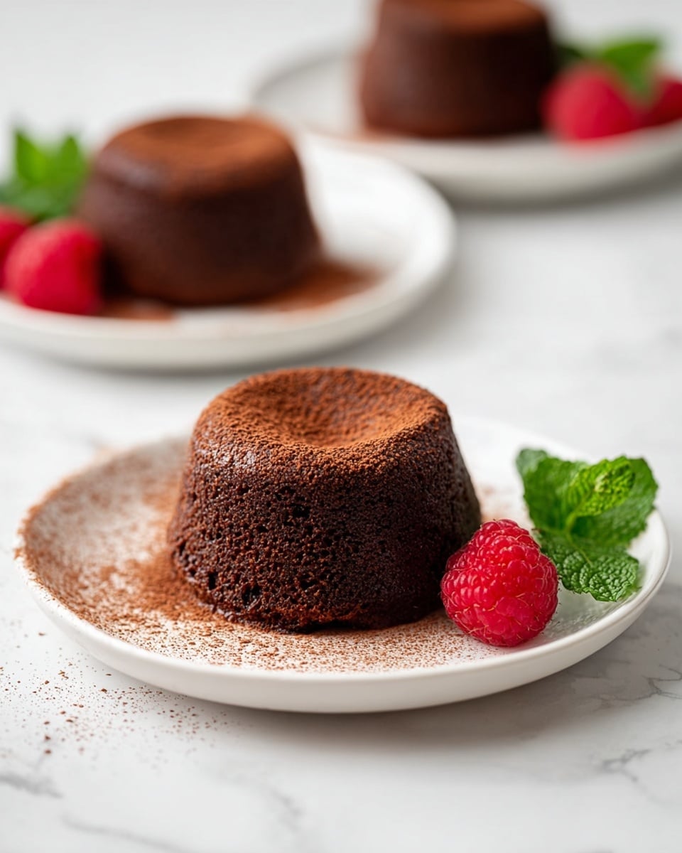 The image shows a small chocolate cake with a slightly rounded top, dark brown in color with a textured surface. The cake sits on a white plate, with a light dusting of cocoa powder scattered around it. To the right of the cake, there is a bright red raspberry, and to the left, a small green mint leaf adds a fresh touch. In the background, there are two more similar plates, each with the same chocolate cake, raspberry, and mint leaf, all placed on a white marbled surface. The photo taken with an iphone --ar 4:5 --v 7