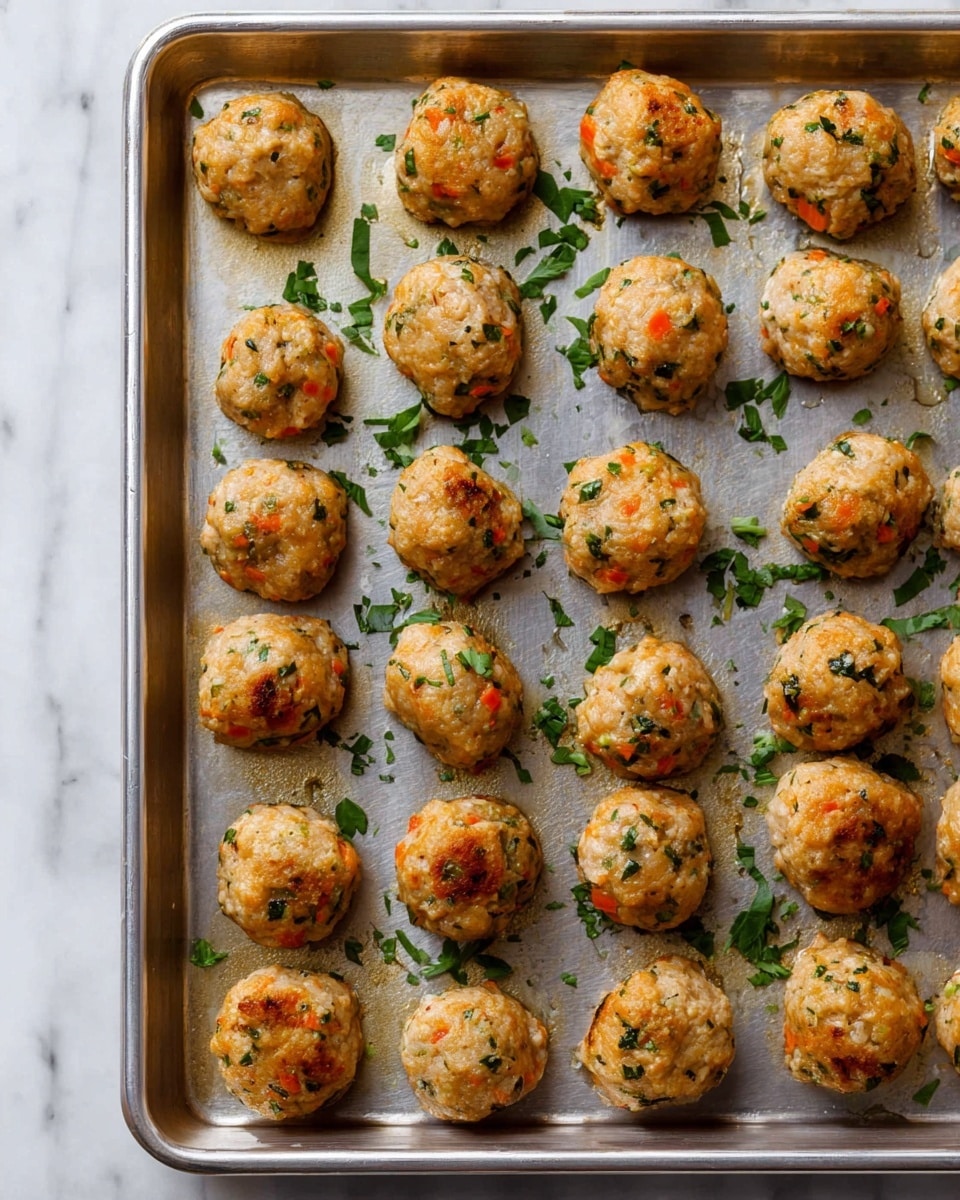 A metal baking tray is filled with many small, round meatballs that have a golden-brown color with bits of green herbs and orange carrot pieces visible. The meatballs have a slightly rough texture and are spaced evenly across the tray. Some fresh green herb leaves are scattered around the meatballs on the tray. The tray sits on a surface with a white marbled texture. photo taken with an iphone --ar 4:5 --v 7