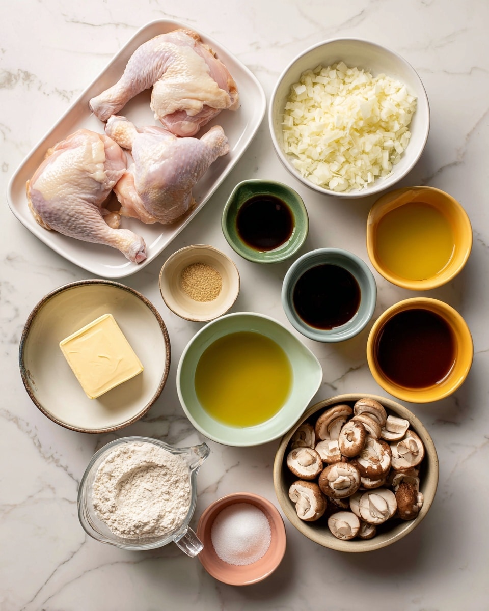 A top view of various cooking ingredients arranged on a white marbled surface: a white tray holding two pale pink raw chicken pieces in the top left corner; next to it, a medium white bowl filled with finely chopped white onion. Below the chicken, a small pastel green bowl with a square piece of pale yellow butter. To the right, small colorful bowls hold different ingredients: a maroon bowl with light beige garlic powder, a green bowl with golden olive oil, a pale pink bowl with another golden liquid, a yellow bowl containing dark brown Worcestershire sauce, an orange bowl with minced garlic, and a dark blue bowl with creamy pale yellow Dijon mustard. A white bowl filled with sliced brown mushrooms sits on the bottom right. Near the center left, a white bowl with white flour, a clear measuring cup with light golden chicken broth, and a metal measuring cup holding white sour cream complete the layout. All items are neatly spaced across the white marbled surface. Photo taken with an iphone --ar 4:5 --v 7