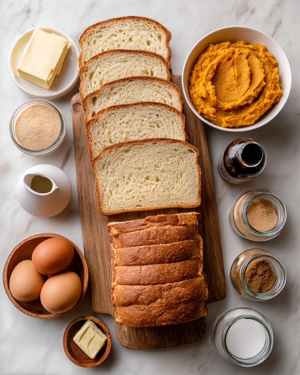 The image shows a wooden cutting board on a white marbled surface with eight slices of hearty bread, golden brown on the edges and soft inside, arranged in two neat rows. To the right, there is a white bowl filled with bright orange pumpkin puree, next to a small white pitcher labeled half & half and a dark brown bottle labeled vanilla extract. Below the bread and bowls, four brown eggs are placed clustered together, along with a small white bowl of light brown sugar and a small wooden bowl with a square of pale yellow butter. At the bottom, there are four clear jars with silver lids, each labeled cinnamon, nutmeg, ginger, and cloves, showing their different brown and yellow spices inside. The whole scene is on a white marbled background and looks fresh and ready for baking photo taken with an iphone --ar 4:5 --v 7