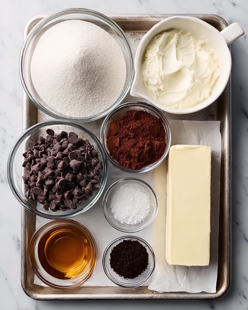 A metal baking tray holds seven glass bowls with baking ingredients arranged in an organized layout. On the top left is a large bowl filled with white granulated sugar, next to it is a medium bowl containing dark brown cocoa powder, and on the top right is a white ceramic bowl filled with cream. On the bottom left, a large bowl is heaped with dark brown chocolate chips. A small bowl in the center holds golden vanilla extract. To the right of the vanilla is a small bowl filled with a dark powder, likely coffee or espresso. Below that is another small bowl containing white salt. To the far right, a stick of pale yellow butter rests partially unwrapped on white paper. The tray is set on a white marbled surface, photo taken with an iphone --ar 4:5 --v 7