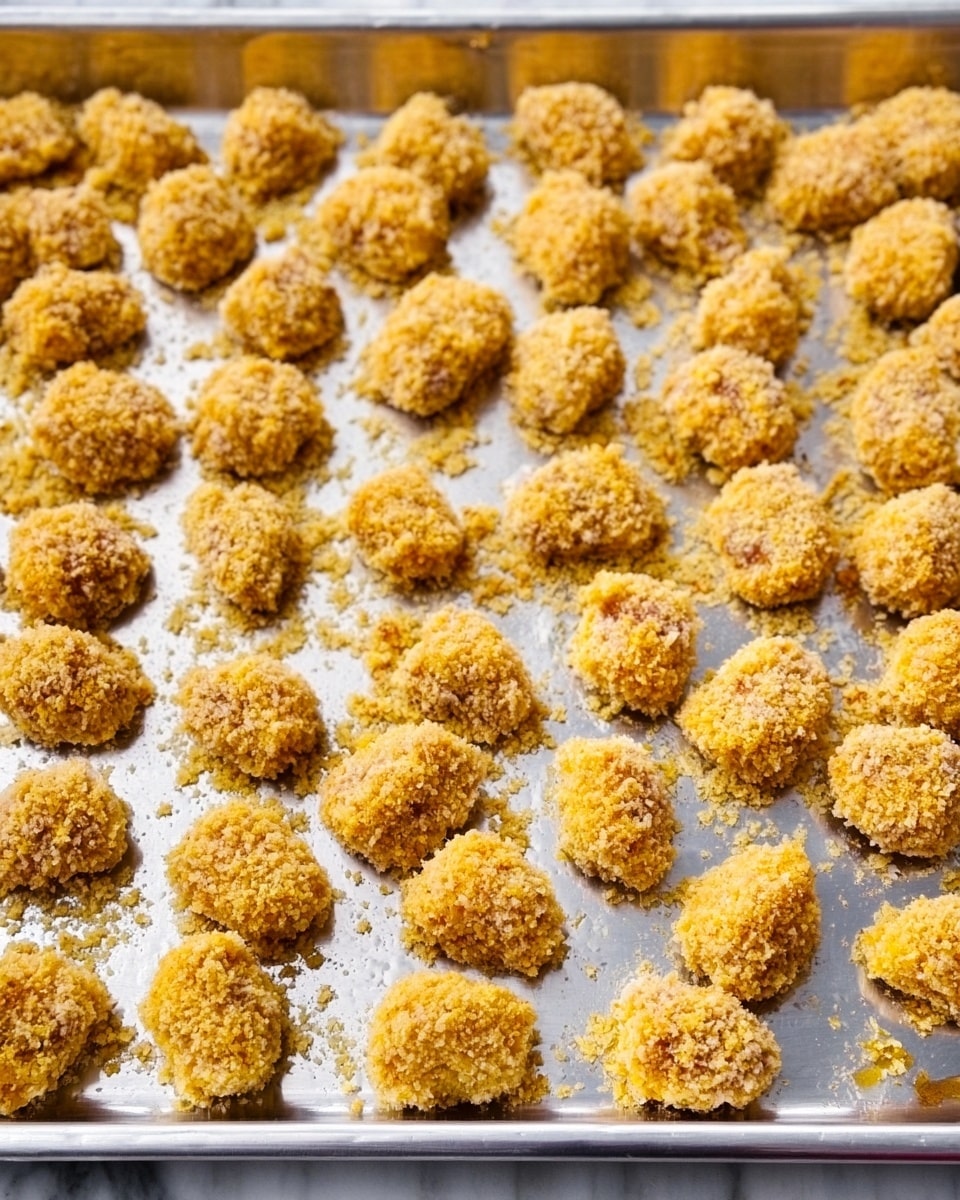 The image shows many small, bite-sized pieces of breaded food spread out in rows on a shiny silver baking tray. Each piece is covered with a light golden-yellow crumbly coating, giving them a rough texture. The tray rests on a white marbled surface, and the pieces look ready to be cooked or baked, with some light variations in the coating's color showing hints of pale brown. photo taken with an iphone --ar 4:5 --v 7