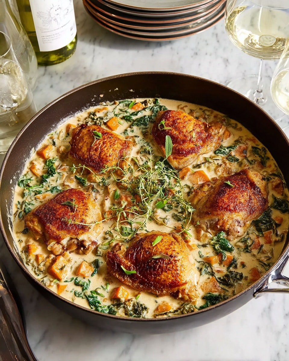 A white-edged, dark grey plate holds two pieces of golden brown roasted chicken with crispy skin, placed on top of a creamy orzo pasta mixed with wilted green spinach and bright orange cubed roasted squash. The pasta has a rich, smooth texture, scattered evenly beneath the chicken, with a few fresh green herb leaves garnishing the dish. To the side, pieces of torn bread rest on a white marbled surface, alongside a glass of light-colored drink. Nearby, a spoon and fork lie crossed on the surface, with additional plates and a grey cooking pot containing more of the same dish visible around. photo taken with an iphone --ar 4:5 --v 7