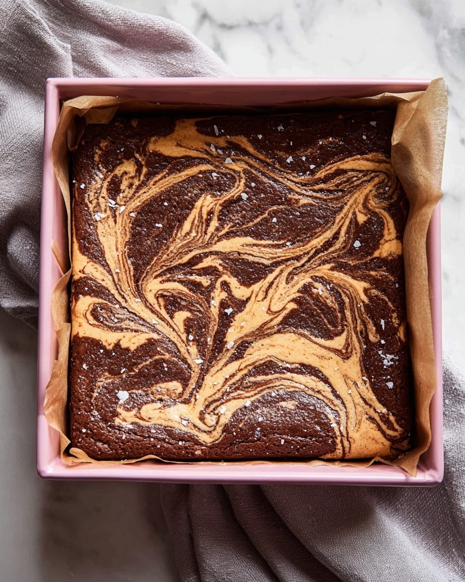 The image shows a square layered dessert in a pink baking pan lined with parchment paper, resting on a soft grey cloth over a white marbled surface. The dessert has two main layers swirled together on top: a dark brown chocolate layer and a light tan creamy layer, mixed in a marbled pattern that covers the whole top. The texture looks soft and slightly cracked in some areas, with tiny white flakes scattered lightly on the surface, giving it a bit of shine and contrast. photo taken with an iphone --ar 4:5 --v 7