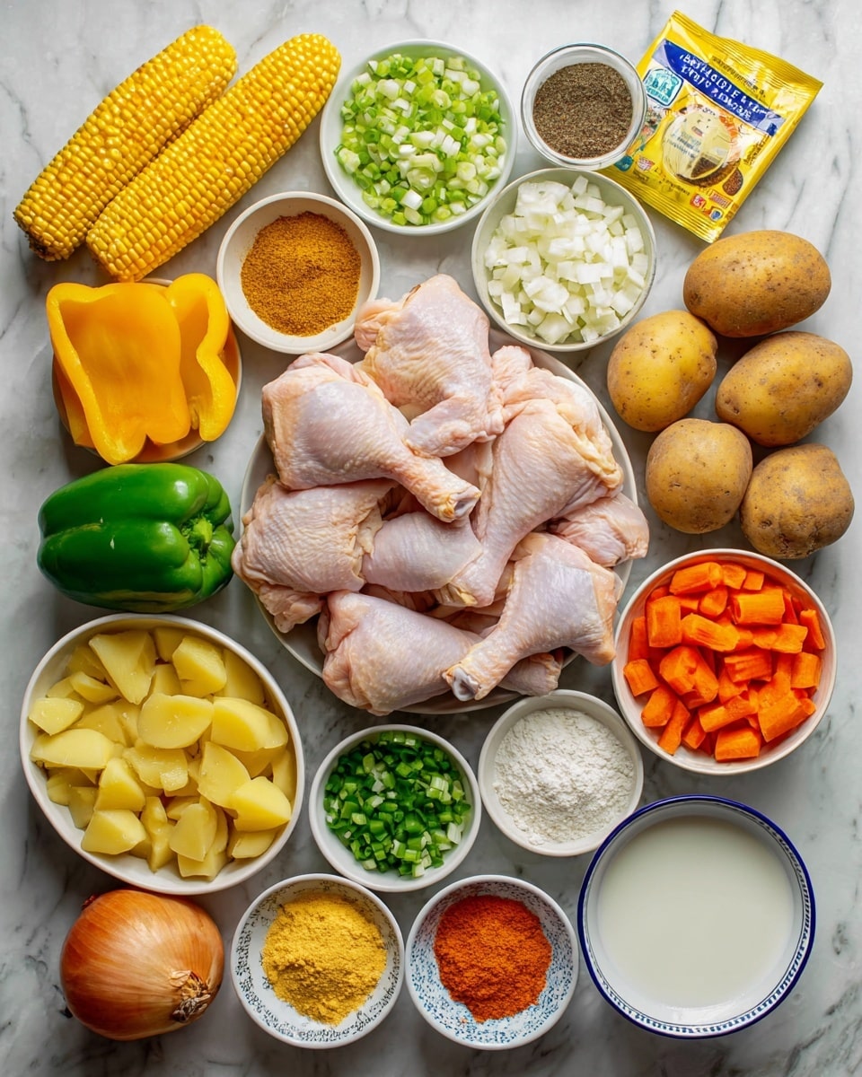 The image shows many cooking ingredients arranged neatly on a white marbled surface. At the center, there are raw chicken drumsticks and thighs with pale pink skin. To the right, there are whole brown potatoes, chopped yellow potatoes, whole green bell pepper and diced green bell pepper, and whole carrots with sliced carrot pieces below them. To the left, there are halved and whole pieces of yellow corn on the cob, chopped green onions, and diced white onions. Surrounding these ingredients are small white bowls or dishes each holding different spices in various shades of brown, black, white, and yellow, golden cornmeal, brown sauce, a powder mix in a yellow packet, oil in a white dish, minced garlic in a tiny white bowl, white flour in a white bowl with blue trim, coconut milk in a white bowl, and a brown onion. Everything is well lit and clearly visible, photo taken with an iphone --ar 4:5 --v 7