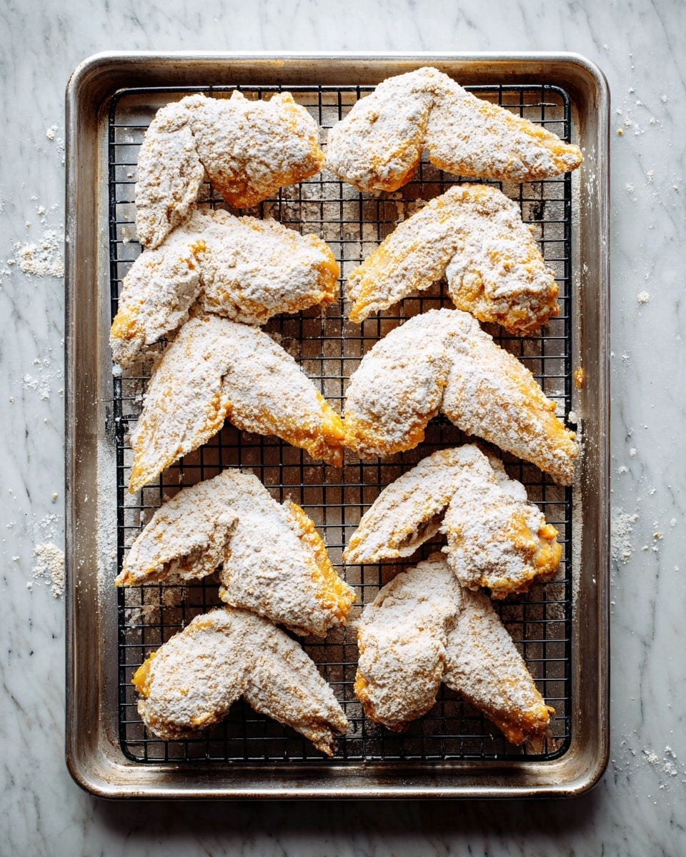 A metal baking tray with a black wire rack holds ten raw chicken wings covered in a thick, uneven layer of white flour coating. The coating is rough and powdery, contrasting with the bright orange color of the chicken visible in some parts. The wings are arranged in two columns, filling the tray completely, with some flour scattered around the edges and on the wire rack. The tray rests on a white marbled surface, giving a clean and bright background to the image. Photo taken with an iphone --ar 4:5 --v 7